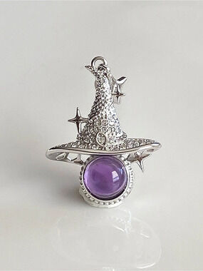 P245-Halloween Collection s925 Sterling Silver Witch Hat Natural Amethyst Pendan